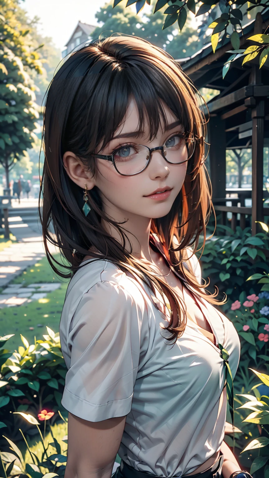  Punk Girl Wearing Glasses and a Black Shirt,  Blurry Green Grass and Trees on the Background 々,  short brown hair,  detailed face ,  High Quality ,  high definition 