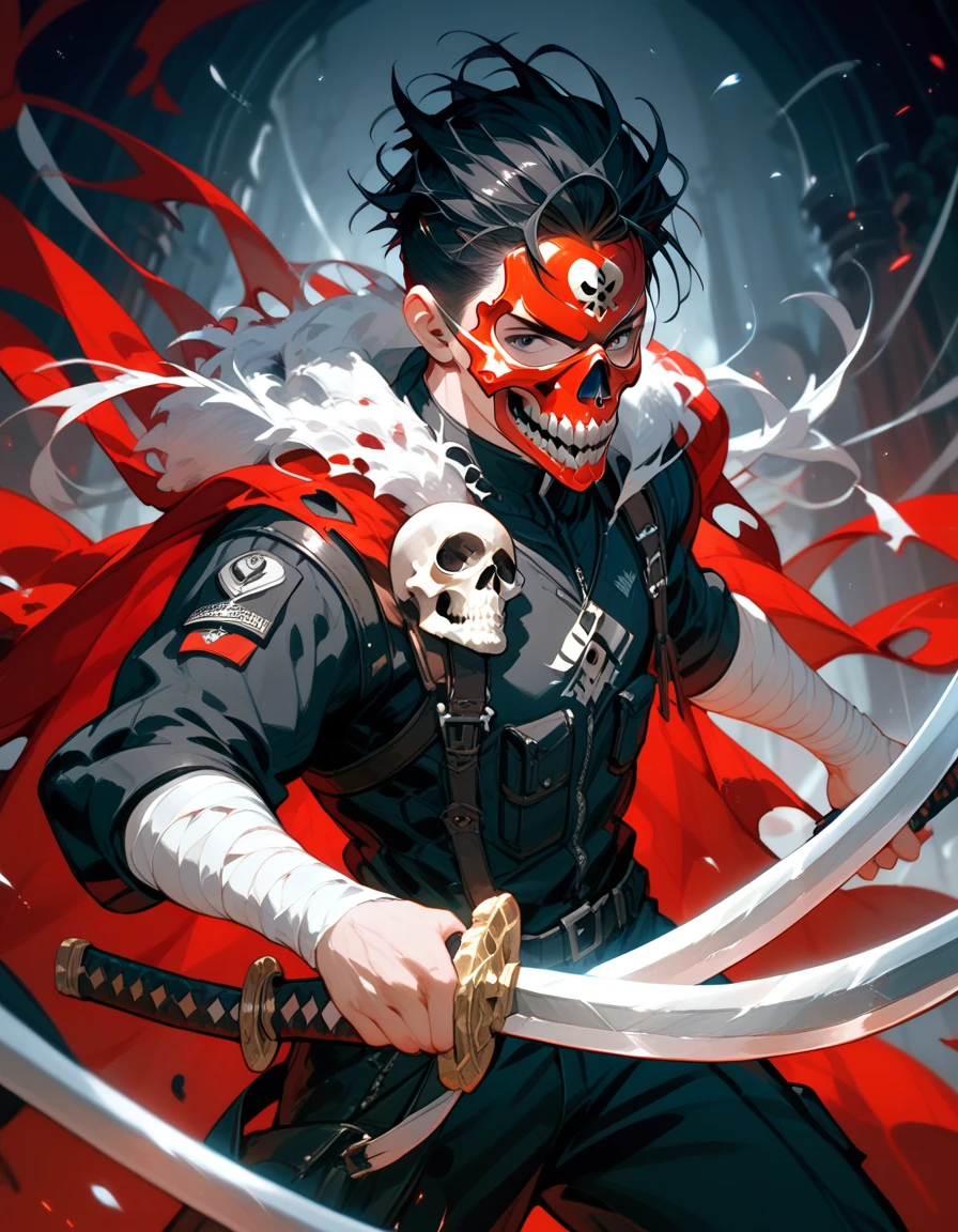 Black Haired Man,Black-red coveralls, holding a black sword with a white sword,cool,With a torn shawl ,There is a bandage ,thin, in black eyes,Skull mask ,Paradise,Holding dual swords