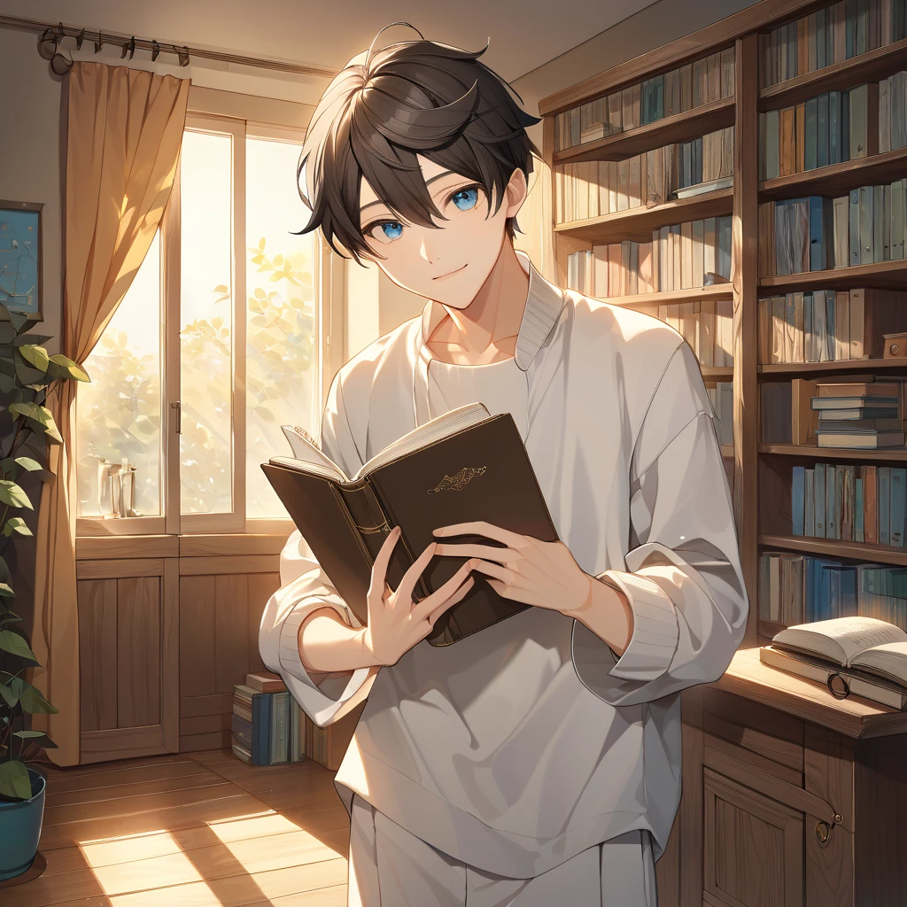 a small,  he has a slender and delicate physique 、 , Slender and delicate figure reminiscent of when I was in high school . He has white skin,  His big , Innocent brown eyes ,   has a curious and gentle expression  .   he holds a book tightly to his chest  ,  he smiles shyly ,  showing love for reading  .  The background is a room with warm lighting surrounded by books,    long bangs that almost cover 、His youth々 creates a peaceful and magical atmosphere that enhances charm .