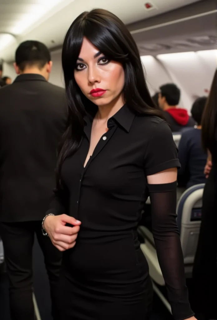 ((( three-quarter photograph ,  faint lighting ,   sharp focus,  detailed face of Jacqueline , ((((beautiful woman in black shirt with uniform collar as a stewardess, tight black skirt))),  she is smiling and flirting )), brown eyes,  seductive,  smooth and shiny black hair , make-up,  red lips)),  Side view ,  background inside an airplane , standing, many passengers
