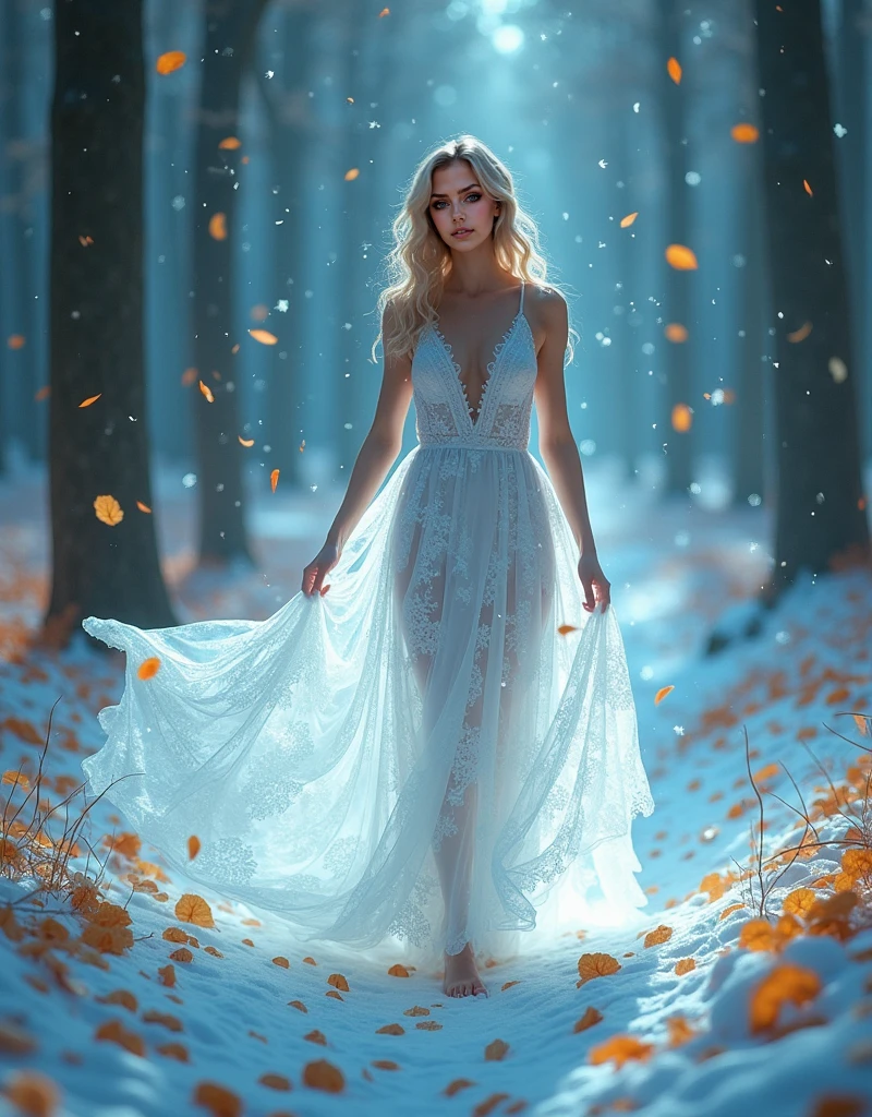 a blonde nymph with long hair, blue eyes dancing in the snow at dusk