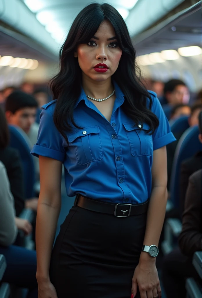 ((( three-quarter photograph ,  faint lighting ,   sharp focus,  detailed face of Jacqueline , ((((beautiful woman in blue shirt with uniform collar of stewardess,  tight black miniskirt ))),  she is smiling and flirting )), brown eyes,  seductive,  smooth and shiny black hair , make-up,  red lips)),  Side view ,  background inside an airplane , standing, many passengers
