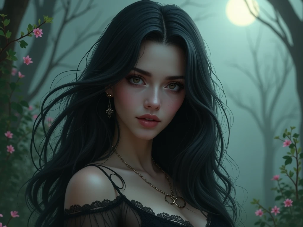 photo RAW, full color portrait, A beautiful female Vampire in her natural habitat, masterpiece, award winning photography, lighting, perfect composition, high detail, hyper realistic, even natural lighting, epic, pretty makeup, flowing hair,