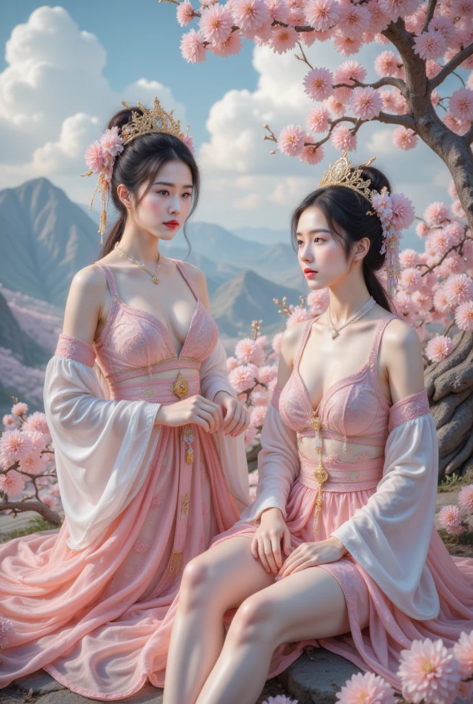  blue sky and white clouds，Mountains in the distance，Pink flowers，Cherry Blossom Tree，Hanfu women,Phoenix crown、Exquisite embroidery、Wearing Hanfu pantyhose、wearing a sleeveless Hanfu 、Transparent underwear is clearly visible、Look at the panties and underwear、 oversized bare breasts 、Raw,(8K、 Top Quality 、masterpiece:1.8)、(Intricate details:1.8)、(Reality:1.8)、 octane rendering 、 intricate 3D rendering ultra-detailed , studio soft light, Edge Light, Vivid details,  super detailed , Realistic Skin Textures, Details,  beautiful eyes ,   Very detailed CG Unity 16k wallpaper, cosmetic, ( Detailed Background :2.0),  radiant skin 、 spread legs ， camel toes showing thighs !!!