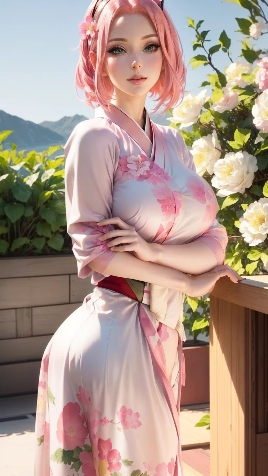 a woman with pink hair and a dress posing for a picture, better known as amouranth, amouranth, young beautiful amouranth, 🌺 cgsociety, beautiful alluring anime woman, anime character; full body art, in kimono, cute elegant pose, hyper realistic anime, sakimichan frank franzzeta, pinup, pinup body, flowing sakura silk