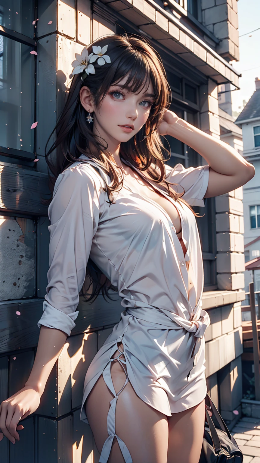 Lori anime girl ,  Real Shadow,  detailed skin,  very small chest by the wall of a building ,  black hair,  Very detailed, 8K high resolution face , Perfect Face Shape, Perfect Lips, Perfect Nose,  beautiful eyes, Viewers,  white shirt,  hair flower, masterpiece,  best quality, Single women, No., No panties, Alone