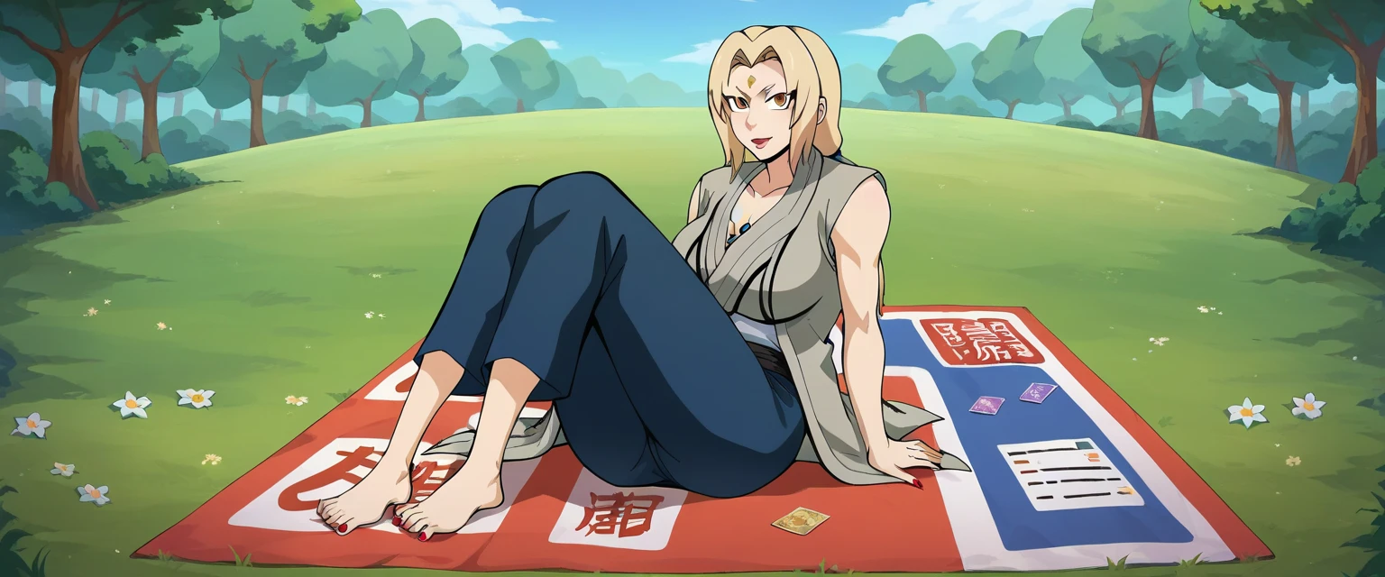 (Caucasian ethnicity) masterpiece, 4k,  lyrics, Tsunade, barefoot,  a woman in pants , Alone, At home,Tsunade y sus pantalones, Tsunade tiene sus pantalones sudados, Tsunade huele sus pantalones sudados