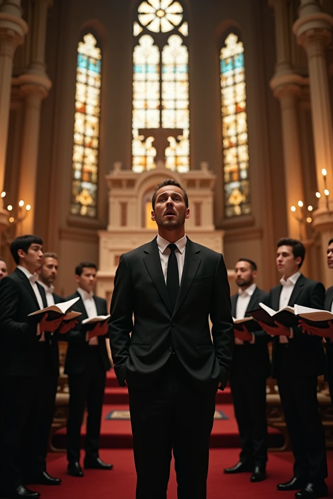 At the wedding ceremony, many men are sitting together nervously.