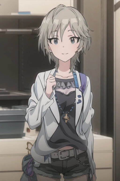 masterpiece,  best quality,  high definition ,  1 girl , Alone, Anastasia ( The Idolmaster),  The Idolmaster cinderella girls,  blue eyes,  short hair, Grey Hair,  B in a capella , ( ), Wavy,  COWBOY SHOOTING , , smile,  upper _body,