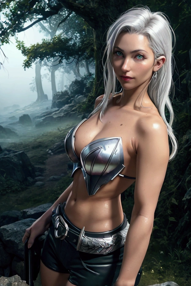 8k, highly detailed, very realistic, perfect face, masterpiece, busty girl, white hair, green eyes, thin waist, knight, silver upper body armour dragon style, tanned, topless, Middle Age, fantasy, hairy arms, walking, in the night, in the dark, fog, in the woods, hairy pussy