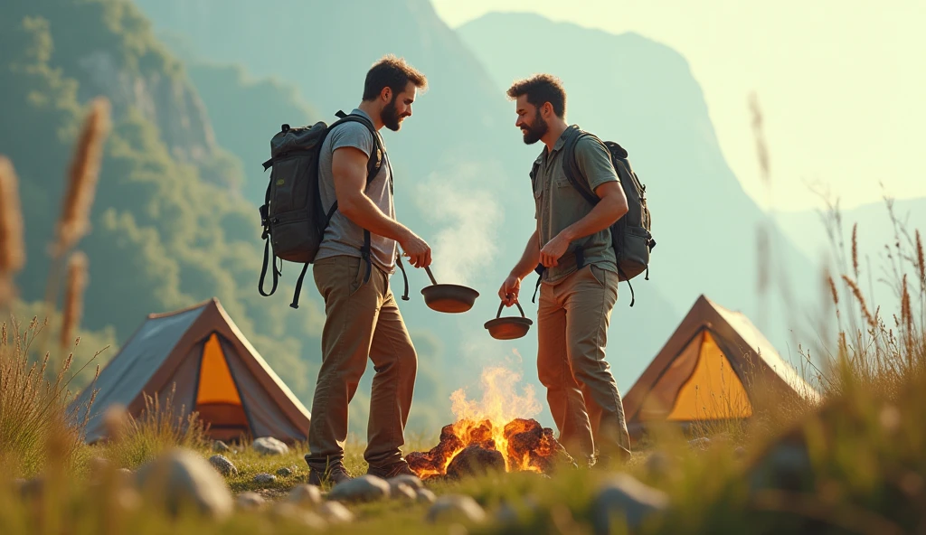 Attractive and elegant man, wearing lumberjack clothes but with the sample breastplate, photo in high quality, raw, in a detailed hut in the forest, with objects of a woodcutter behind and objects related to a kitchen prepared for breakfast. Gorgeous man with short hair shaved in machine 3, well done beard.