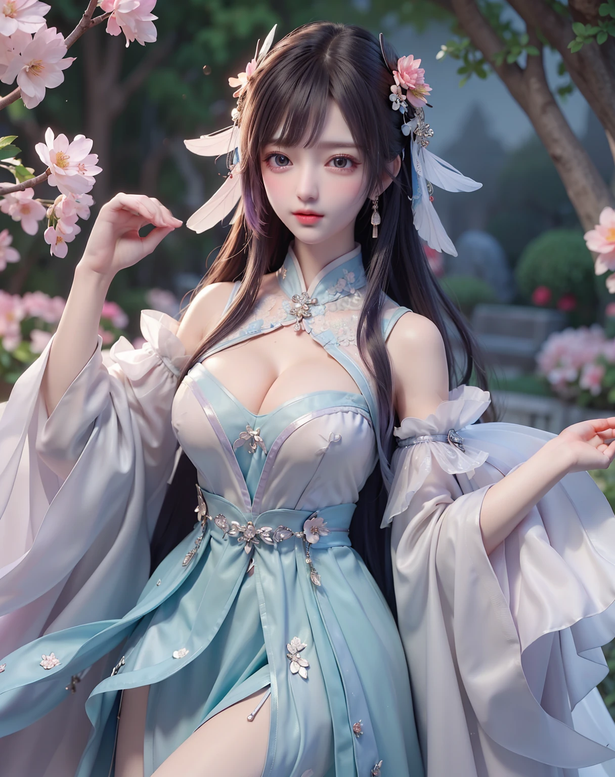 (8k, RAW photo:1.2), best quality, ultra high res,dramatic angle,(fluttered detailed color splashs), (illustration),(((1 girl))),(long hair),(rain:0.9), (Headdress:1.4),There is an ancient palace beside the girl,Hanfu,(Key Points),Color ink painting,(Splash of Color),Splash of Color,(((colorful))),(sketch:0.8) , Masterpiece, best quality, beautiful painted, highly detailed,(denoising:0.6),[splash ink],((ink refraction)), (beautiful detailed sky),moon,highly,detaild,(masterpiece, best quality, extremely detailed） CG Unity 8k Wallpaper，masterpiece，best quality，Ultra Detailed），（Lycoris）. hanfu open v open V-chested clothes Thin silk lace dress , (huge ，cleavage),, white pink and gren，best qualtiy，tmasterpiece，Ultra-high resolution，（Reality：1.4），RAW photogr，（True skin texture：1.3），（filmgrain：1.3），（Selfie angle），1个Giant Breast Girl，Beautiful eye and face details，tmasterpiece，Best quality at best，，The chest more exposed， detailed hair, bra purple and green , detail 8k, upper body, ignette transparent fabric flower, purple and blue pink white, ignette transparent  short skirt