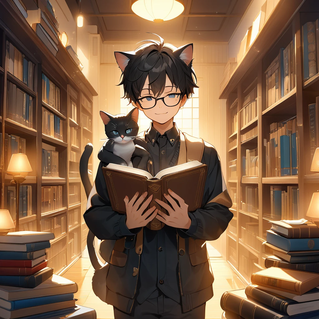  had a gentle and smart expression、 the cat wearing glasses 。  has a curious and gentle expression  .   he holds a book tightly to his chest  , showing love for reading  .  The background is a room with warm lighting surrounded by books,   The young cat 々 creates a peaceful and magical atmosphere that enhances charm .