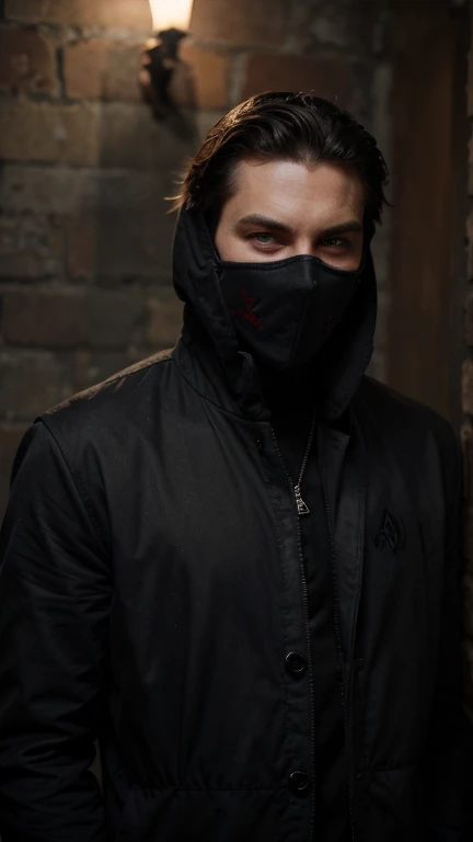 Handsome guy wearing cool clothes covering one side of his face with his hand, Best Quality, Red Eyes, FangHigh Resolution, vampire