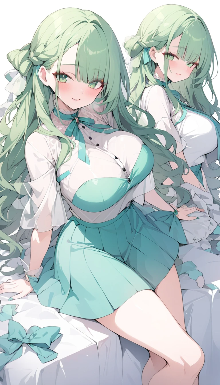 nffsw,Breasts squeezed together,Cooperative,breasts ,breast in 1,hetero,Striped panties,panties aside,((harems)),hetero,Green hair,Light blue hair,Pink Lolita Clothes,Striped socks,Striped panties,blushed face,Cat ears,Pink eyes,Smile with open mouth,Light blue Lolita,garter strap,Top image quality,Best Quality, nsfw, lifting skirts
