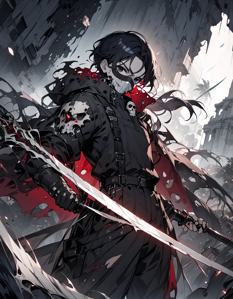 Black Haired Man,Black-red coveralls, holding a black sword with a white sword,cool,With a torn shawl ,There is a bandage ,thin, in black eyes,Skull mask ,Paradise,Blindfold