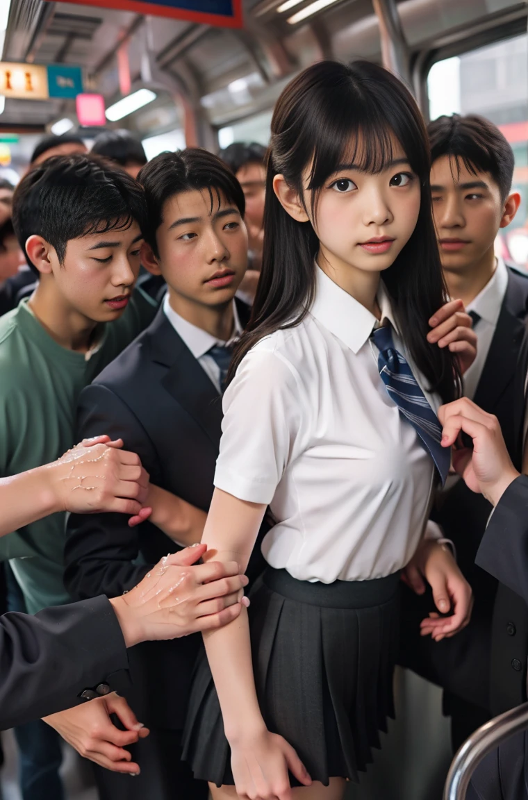 (molestation:1.8) japanese woman, beautiful breasts, (white shirt,darkblue neckribbon,pleated short skirt, darkbrown hair,bangs,ear),tits grab, in the train, grab your butt, Multiple men around her grab her breasts, Chest grab, multiple hands, masterpiece, highest quality, very detailed, molestation, crowd of men, crowd sung, very realistic face, very realistic eyes, crowd of men around her, the person who grabs her body, molestation, masterpiece, highest quality, very detailed, 1 girl, multiple hands, Grab your ass with the crazy crowd, Chest grab, the men around her, squeezed body, Many people grab their tits, Be beaten, pulling on clothes, very wet and sweaty, grab clothes, (There are no women in the crowd), man with necktie, look of disgust, very realistic japanese teen face,14 old,school bag,