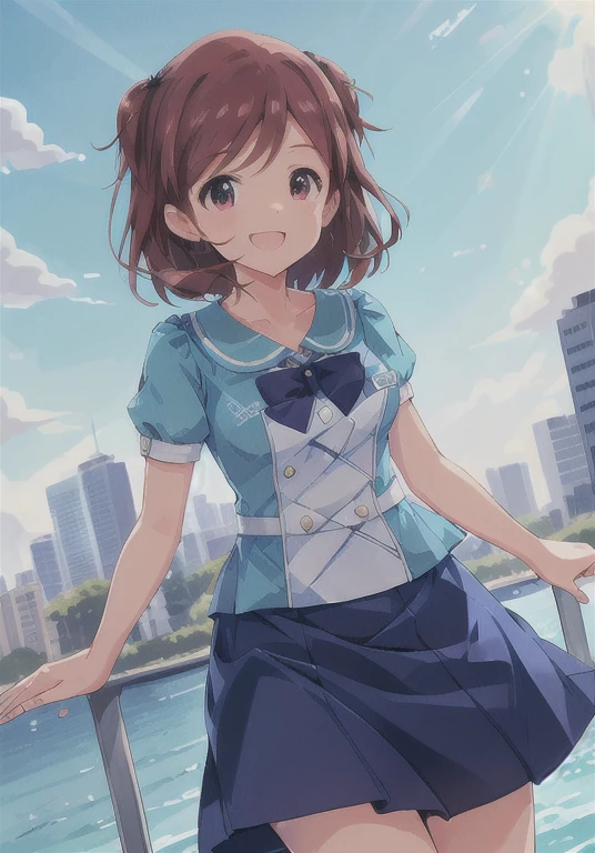 Aoba Misaki ( million people live), ( best quality, 8k, masterpiece,   super detailed :1.2), sea, day,  mottled sunlight,  blue sky, Beautiful Clouds, Sky gradient, boat,  skyline, cityscape, Particles of light,  Backlight , Sparkle,
 1 girl , Alone,  skirt, smile,  open your mouth, v,  putting their fingers in their lips, white  sailor collar , blue  shirt,  sailor collar , blue  skirt, pleated  skirt, Short sleeve, :d,  shirt,  school uniform, , Seraph, clavicle, bow, ribbon, blue bow, ( star hair clip)