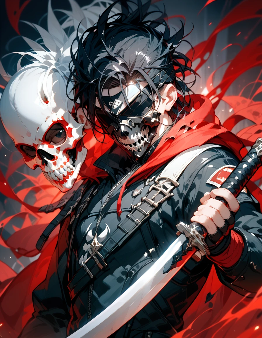 Black Haired Man,Black-red coveralls, holding a black sword with a white sword,cool,With a torn shawl ,There is a bandage ,thin, in black eyes,Skull mask ,Paradise,Blindfold