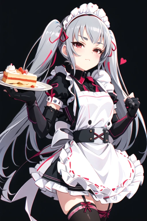 Noah Imus ,  putting their fingers in their lips,  Thigh-Length Socks , Gloves,  dress, ribbon,  clevis,  twin tails, heart, Food, black Gloves, elbow Gloves, black  Thigh-Length Socks , fingerless Gloves, apron, cup, Maid, Maid head dress, Maid apron, Tray, teacup,  cake