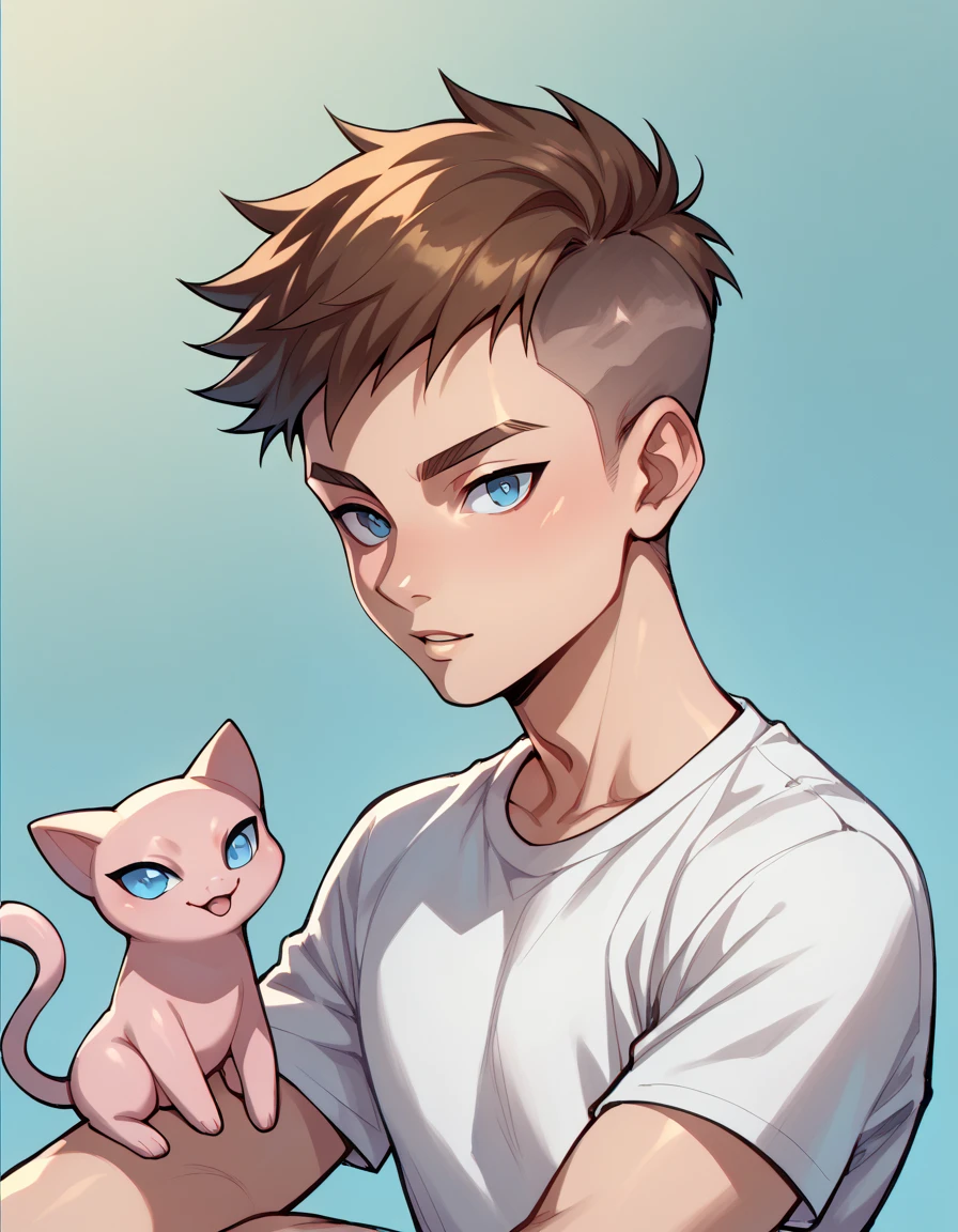 Anime Style ,Human Male Adult , Brown pixie cut Side Hair Style  , blue pupils , white t-shirt , mew pokemon on the side 