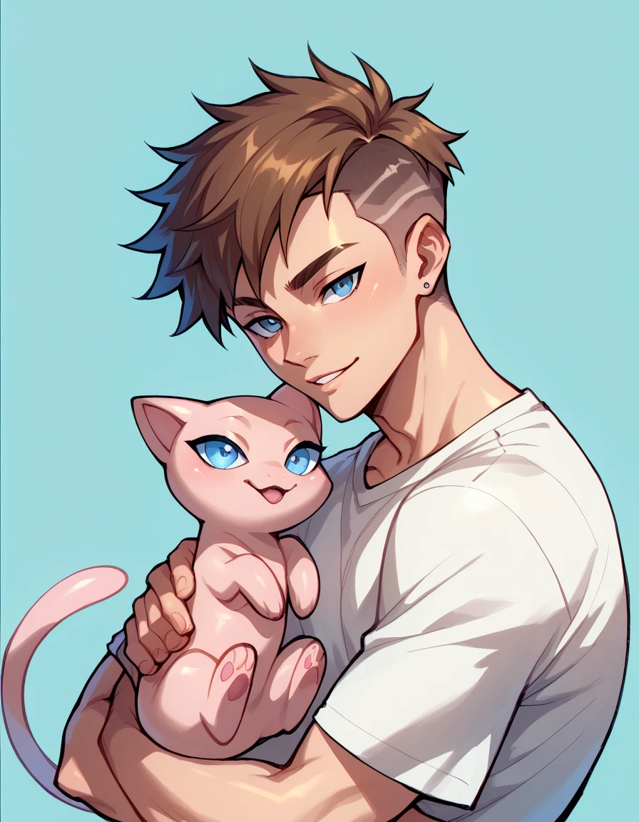 Anime Style ,Human Male Adult , Brown pixie cut Side Hair Style  , blue pupils , white t-shirt , mew pokemon on the side 