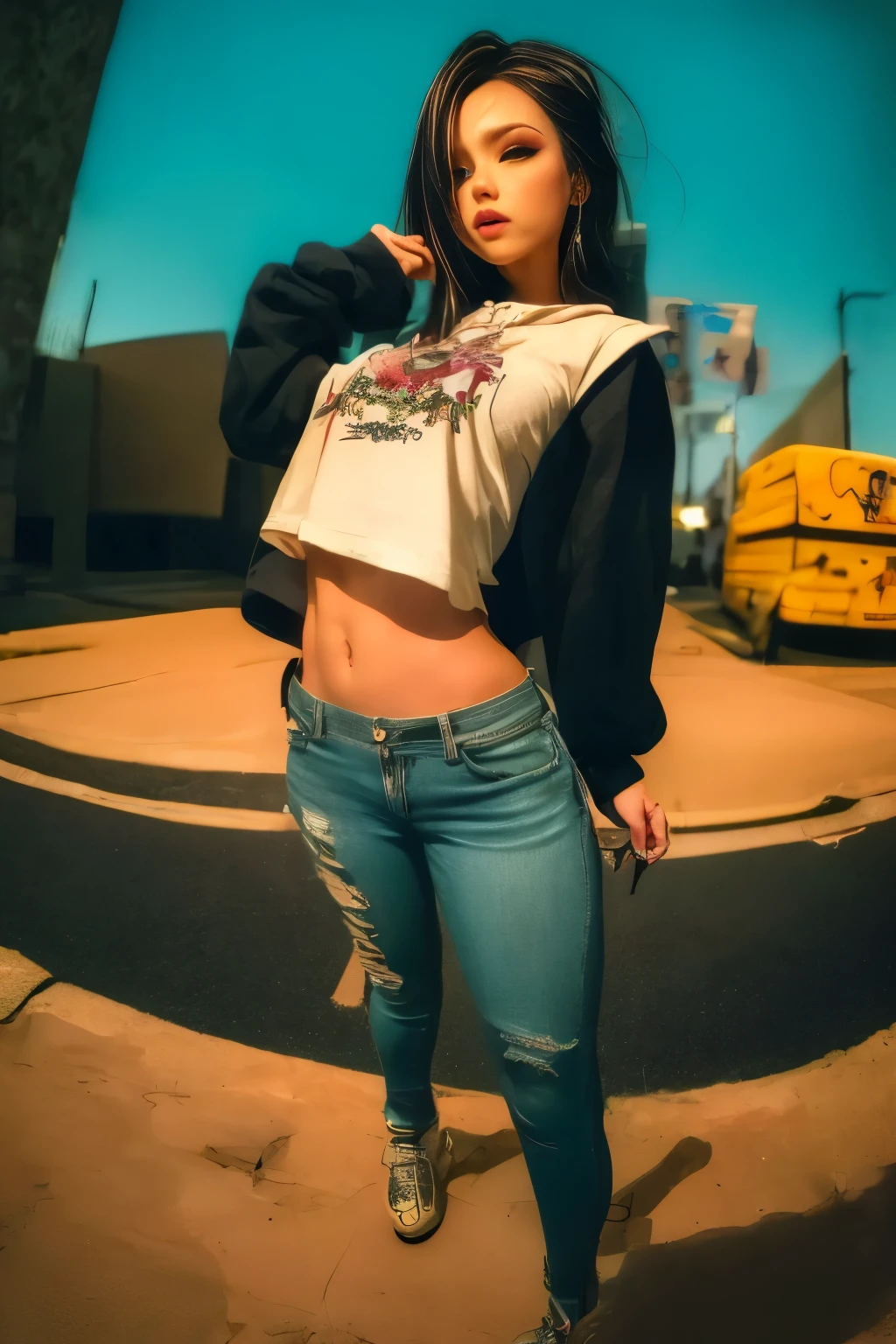 Down viewer. The most beautiful and sexy urban Girl in Dynamic pose, wearing hoodie, graphic t-shirt, torn skinny jeans and highly detailed, tons of tattoos and piercings, highly detailed background, perfect masterpiece, high quality, high resolution. Urban graffiti Background.