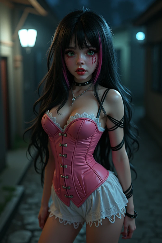 Beautiful Alluring Gothic Clown jenna ortega, Fantasy Theme, Bare Skin, Outside Of A Haunted Train Ride, Purple And Black Stripes, Gothic Clown Makeup, Frilly Outfit, pigtails hairstyle, Barely Clothed, Beautiful D&D Character Portrait, Ominous, Dark Fantasy, Detailed, Digital Art, Extreme Detail, Polished, Beautiful, Hyperdetailed, Intricate, Elaborate, Meticulous, Anime Character, Detailed, Anime Face, Sharp Focus, Unreal Engine, 3d Rendered, Volumetric Lighting, Reflections, Glossy, Digital Illustration, Pose, Suggestive Pose, Full Body Shot, 💖❤💕💋❣