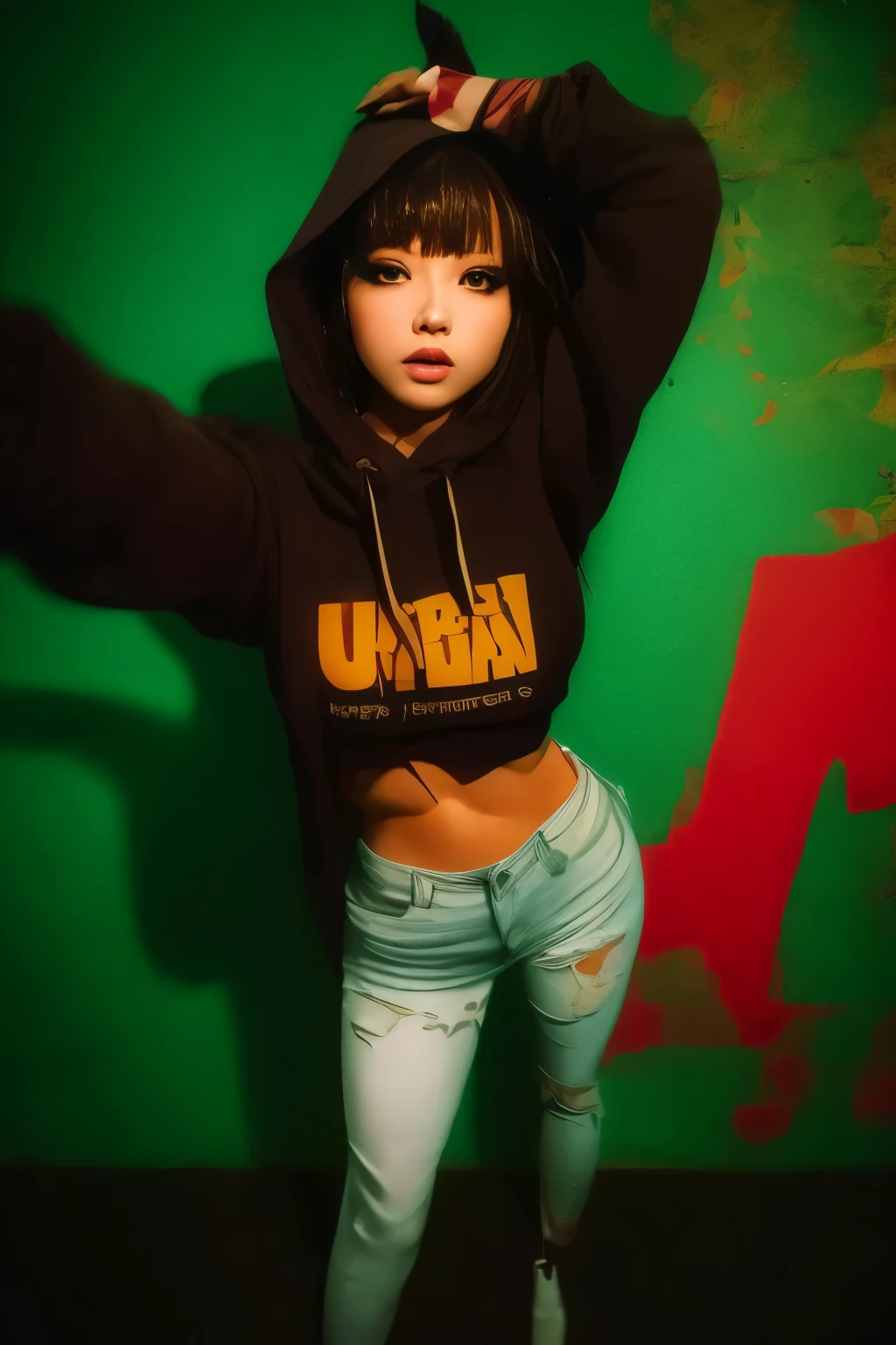 Down viewer. The most beautiful and sexy urban Girl in Dynamic pose, wearing hoodie, graphic t-shirt, torn skinny jeans and highly detailed, tons of tattoos and piercings, highly detailed background, perfect masterpiece, high quality, high resolution. Urban graffiti Background.