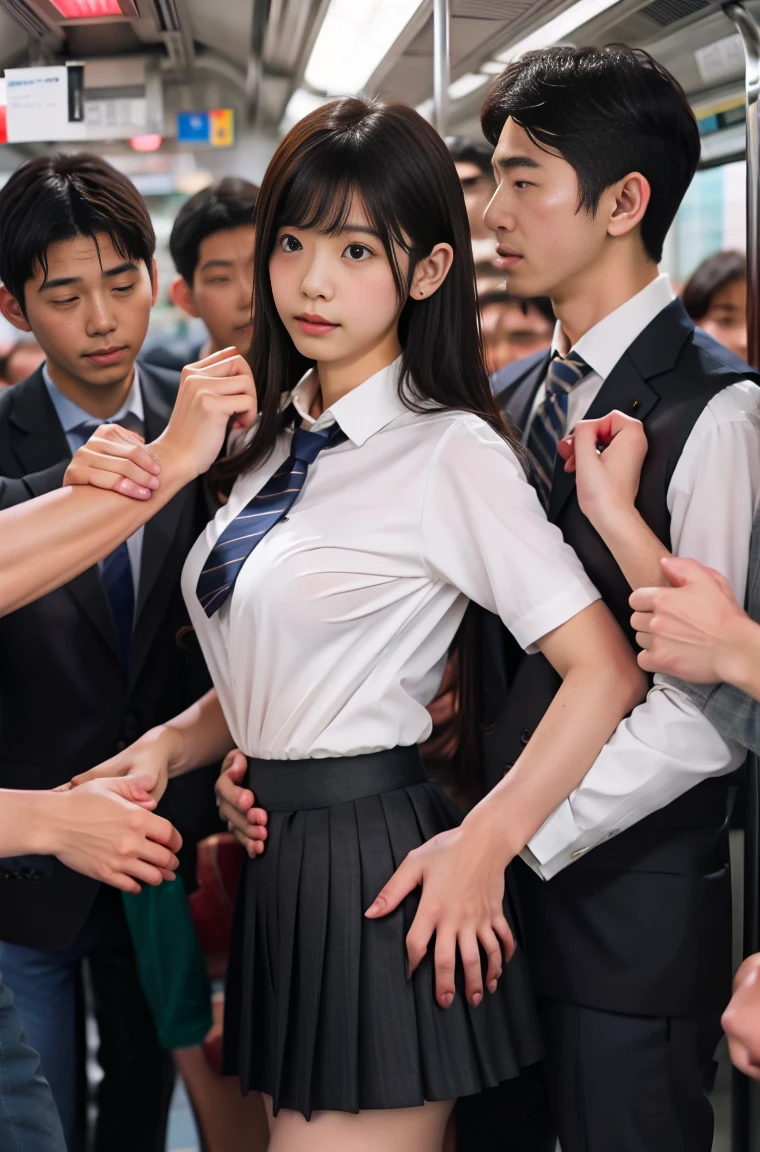 (molestation:1.8) japanese woman, beautiful breasts, (white shirt,darkblue neckribbon,pleated short skirt, darkbrown hair,bangs,ear),tits grab, in the train, grab your butt, Multiple men around her grab her breasts, Chest grab, multiple hands, masterpiece, highest quality, very detailed, molestation, crowd of men, crowd sung, very realistic face, very realistic eyes, crowd of men around her, the person who grabs her body, molestation, masterpiece, highest quality, very detailed, 1 girl, multiple hands, Grab your ass with the crazy crowd, Chest grab, the men around her, squeezed body, Many people grab their tits, Be beaten, pulling on clothes, very wet and sweaty, grab clothes, (There are no women in the crowd), man with necktie, look of disgust, very realistic japanese  face,14 oool bag, pinch your nipples, Lowered eyes