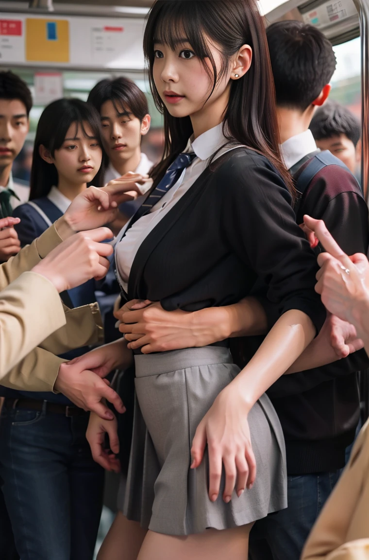 (molestation:1.8) japanese woman, beautiful breasts, (white shirt,darkblue neckribbon,pleated short skirt, darkbrown hair,bangs,ear),tits grab, in the train, grab your butt, Multiple men around her grab her breasts, Chest grab, multiple hands, masterpiece, highest quality, very detailed, molestation, crowd of men, crowd sung, very realistic face, very realistic eyes, crowd of men around her, the person who grabs her body, molestation, masterpiece, highest quality, very detailed, 1 girl, multiple hands, Grab your ass with the crazy crowd, Chest grab, the men around her, squeezed body, Many people grab their tits, Be beaten, pulling on clothes, very wet and sweaty, grab clothes, (There are no women in the crowd), man with necktie, look of disgust, very realistic japanese teen face,14 old,school bag, pinch your nipples, Lowered eyes