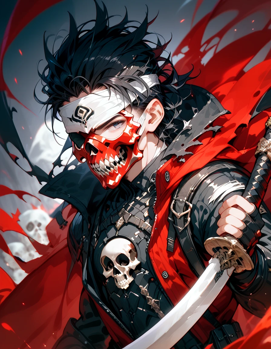 Black Haired Man,Black-red coveralls, holding a black sword with a white sword,cool,With a torn shawl ,There is a bandage ,thin, in black eyes,Skull mask ,Paradise,Blindfold