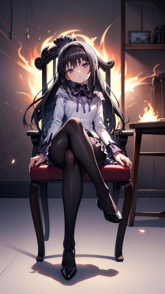 ((full body)), 1 girl,   anime girl ,  best quality,  has thick thighs，wallpaper, School, ,  Fascinating ,  Homura Akemi, Flame， black tights， pose， action，During combat， Fighting Stance , action pose,[attack,moving line, motion blur,Blast Wave , low angle，From below，Blushing ，The right foot，Accentuate your legs，Kick，((  watching the audience, Particles of light, shut up, indoor, , bangs, ,  tilting your head ,Black Rose, Beautiful and delicate eyes,  1 girl, Alone,  super detailed, Long Hit, Beautiful background,, .(  perfect hand to get close to a mirror, Perfect Legs，perfect feet， perfect anatomy), ，M type， transparent ，Long legs，Low Cut，Release the shoulder， Touching the genitals，Correct body posture，Right leg shape  ，  Correct Body Ratio ，Correct thighs，Suitable shoes，Luxurious chair，))