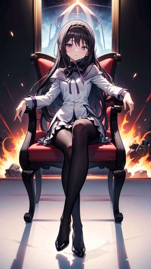 ((full body)), 1 girl,   anime girl ,  best quality,  has thick thighs，wallpaper, School, ,  Fascinating ,  Homura Akemi, Flame， black tights， pose， action，During combat， Fighting Stance , action pose,[attack,moving line, motion blur,Blast Wave , low angle，From below，Blushing ，The right foot，Accentuate your legs，Kick，((  watching the audience, Particles of light, shut up, indoor, , bangs, ,  tilting your head ,Black Rose, Beautiful and delicate eyes,  1 girl, Alone,  super detailed, Long Hit, Beautiful background,, .(  perfect hand to get close to a mirror, Perfect Legs，perfect feet， perfect anatomy), ，M type， transparent ，Long legs，Low Cut，Release the shoulder， Touching the genitals，Correct body posture，Right leg shape  ，  Correct Body Ratio ，Correct thighs，Suitable shoes，Luxurious chair，))