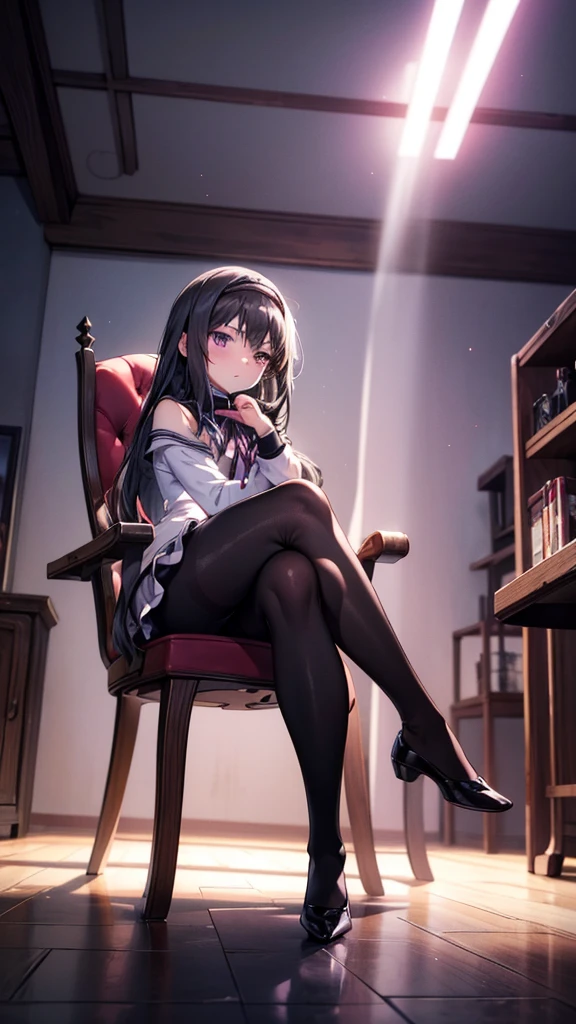 ((full body)), 1 girl,   anime girl ,  best quality,  has thick thighs，wallpaper, School, ,  Fascinating ,  Homura Akemi, Flame， black tights， pose， action，During combat， Fighting Stance , action pose,[attack,moving line, motion blur,Blast Wave , low angle，From below，Blushing ，The right foot，Accentuate your legs，Kick，((  watching the audience, Particles of light, shut up, indoor, , bangs, ,  tilting your head ,Black Rose, Beautiful and delicate eyes,  1 girl, Alone,  super detailed, Long Hit, Beautiful background,, .(  perfect hand to get close to a mirror, Perfect Legs，perfect feet， perfect anatomy), ，M type， transparent ，Long legs，Low Cut，Release the shoulder， Touching the genitals，Correct body posture，Right leg shape  ，  Correct Body Ratio ，Correct thighs，Suitable shoes，Luxurious chair，))