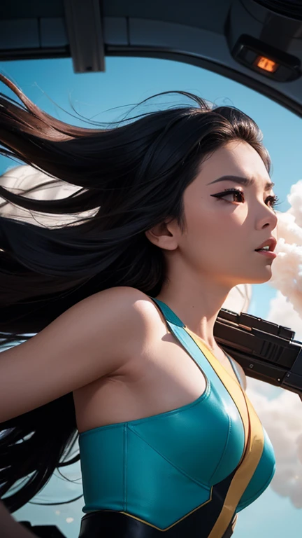 A low-angle shot of an Asian woman with a fierce expression, her hair blowing in the wind as she fires a high-tech gun while descending from a futuristic helicopter. She is dressed in cosplay, with colorful smoke swirling in the background. The overall scene has a sci-fi movie vibe, but with a bright, dynamic atmosphere.