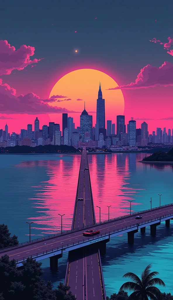 Synthwave style image of a city reflected almost perfectly in the ocean at night. on the line that divides the city and the ocean is a highway, where a car is passing through. the color is vividly displaying prominent neon-like pink, orange, and turquoise colors. moon and cloud can also be observed.