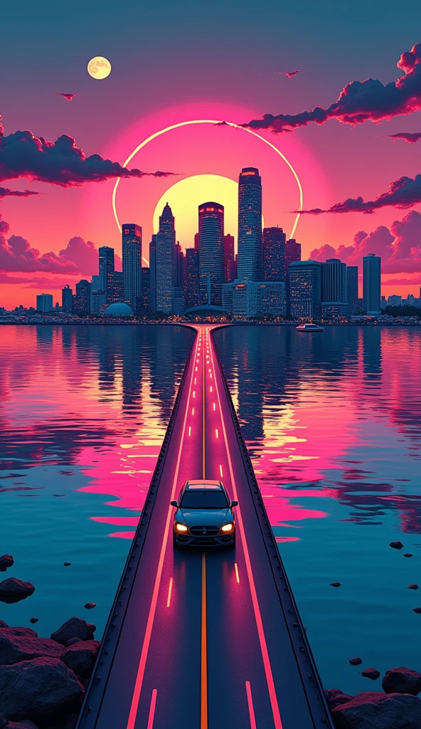 Synthwave style image of a city reflected almost perfectly in the ocean at night. on the line that divides the city and the ocean is a highway, where a car is passing through. the color is vividly displaying prominent neon-like pink, orange, and turquoise colors. moon and cloud can also be observed.