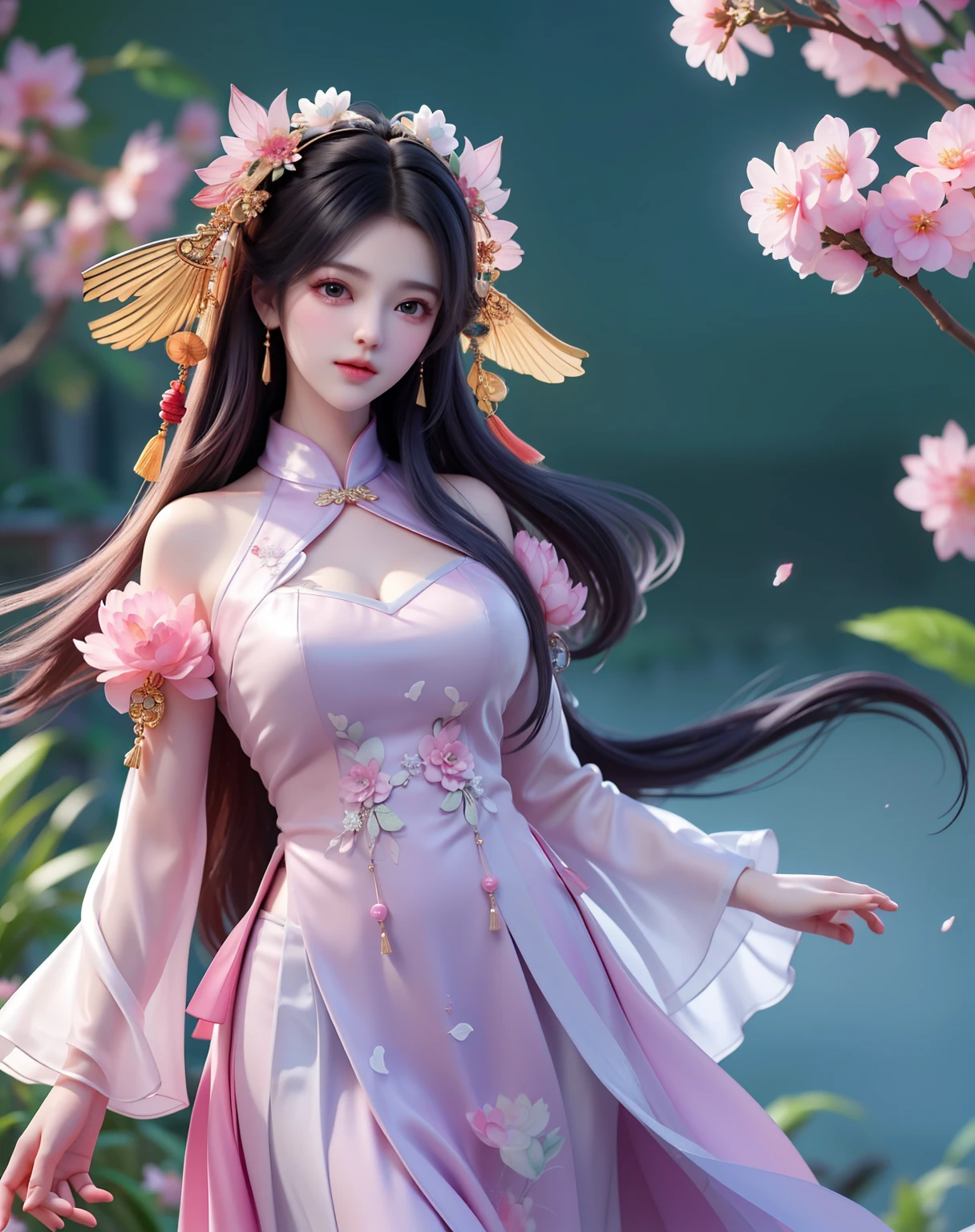 (8k, RAW photo:1.2), best quality, ultra high res,dramatic angle,(fluttered detailed color splashs), (illustration),(((1 girl))),(long hair),(rain:0.9), (Headdress:1.4),There is an ancient palace beside the girl,Hanfu,(Key Points),Color ink painting,(Splash of Color),Splash of Color,(((colorful))),(sketch:0.8) , Masterpiece, best quality, beautiful painted, highly detailed,(denoising:0.6),[splash ink],((ink refraction)), (beautiful detailed sky),moon,highly,detaild,(masterpiece, best quality, extremely detailed） CG Unity 8k Wallpaper，masterpiece，best quality，Ultra Detailed），（Lycoris）. hanfu open v open V-chested clothes Thin silk lace dress , (huge ，cleavage),, white pink and gren，best qualtiy，tmasterpiece，Ultra-high resolution，（Reality：1.4），RAW photogr，（True skin texture：1.3），（filmgrain：1.3），（Selfie angle），1个Giant Breast Girl，Beautiful eye and face details，tmasterpiece，Best quality at best，，The chest more exposed， detailed hair, bra purple and green , detail 8k, upper body, ignette transparent fabric flower, purple and blue pink white, ignette transparent  short skirt