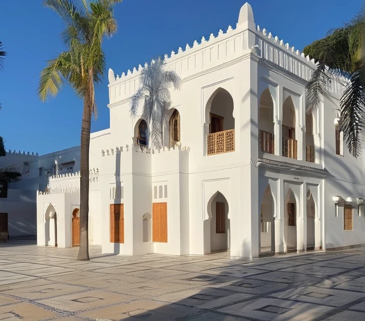 there is a  white building  with a palm tree in front of it,  white-painted buildings , Moroccan architecture,  white building ,  Historical setting ,  Arabic architecture ,  Persian architecture in the style , The mosque, moroccan The mosque,  Somalia ,  Preserving historical monuments, Oman ,  medium shot from the front ,  Islamic architecture ,  architectural shot , A very detailed&#39;,  white building s,  neoclassical style 