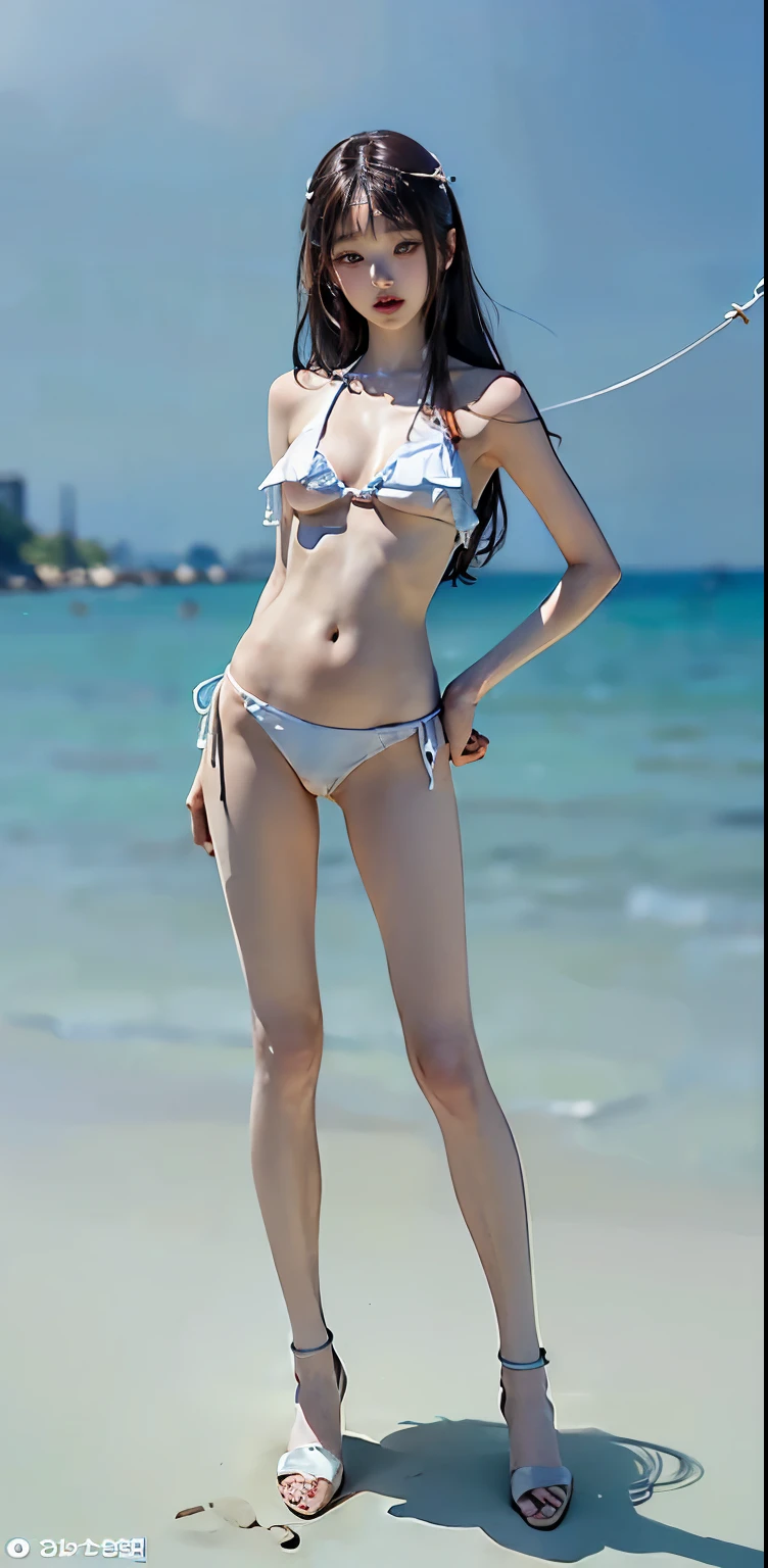 Full body, (Best quality, masterpiece: 1.2), Cute Japan woman photo, bikini, sheer feeling, ((Full body photo)), ((Full body portrait)), Beautiful girl, 25 years old, (((without bikini tube top strap: 8.5)), Full body portrait, Very delicate body, Small tits, (Thin waist: 6.5)), (Slender abs: 9.5), (Small), (Female 160)cm), 1 star with cute Japan, Long hair, realistic photo with light makeup, small breast size, small smile, clear facial features of USJ, Canon EOS, 200mm telephoto lens, shooting from medium and long distance, 8K high resolution, sharp and realistic details, outdoor, full body portrait, hair fluttering in the wind, bangs, tube top bikini without strings: 2.8, tube top bikini without strings, full body photo, full body portrait, Full body portrait, sheer, sheer, sheer, -