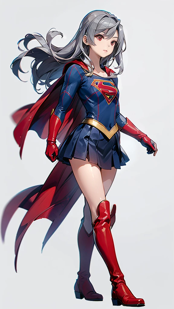 (whole body), (masterpiece:1.2), (Highest_quality:1.2), (Ultra_  Details:1.3), 8k, low angle，Big Butt Girl,  medium chest, Bare legs，red long boots， 3d rendering ,( supergirl)，Laura Bodewig, Long Hair, (red eyes:1.3), Grey Hair,  red skirt， skirt boosts short ,， I can see a blue leotard under the skirt.，The skirt is blowing up in the wind ， red cloak，Gloves， simple background，White background，