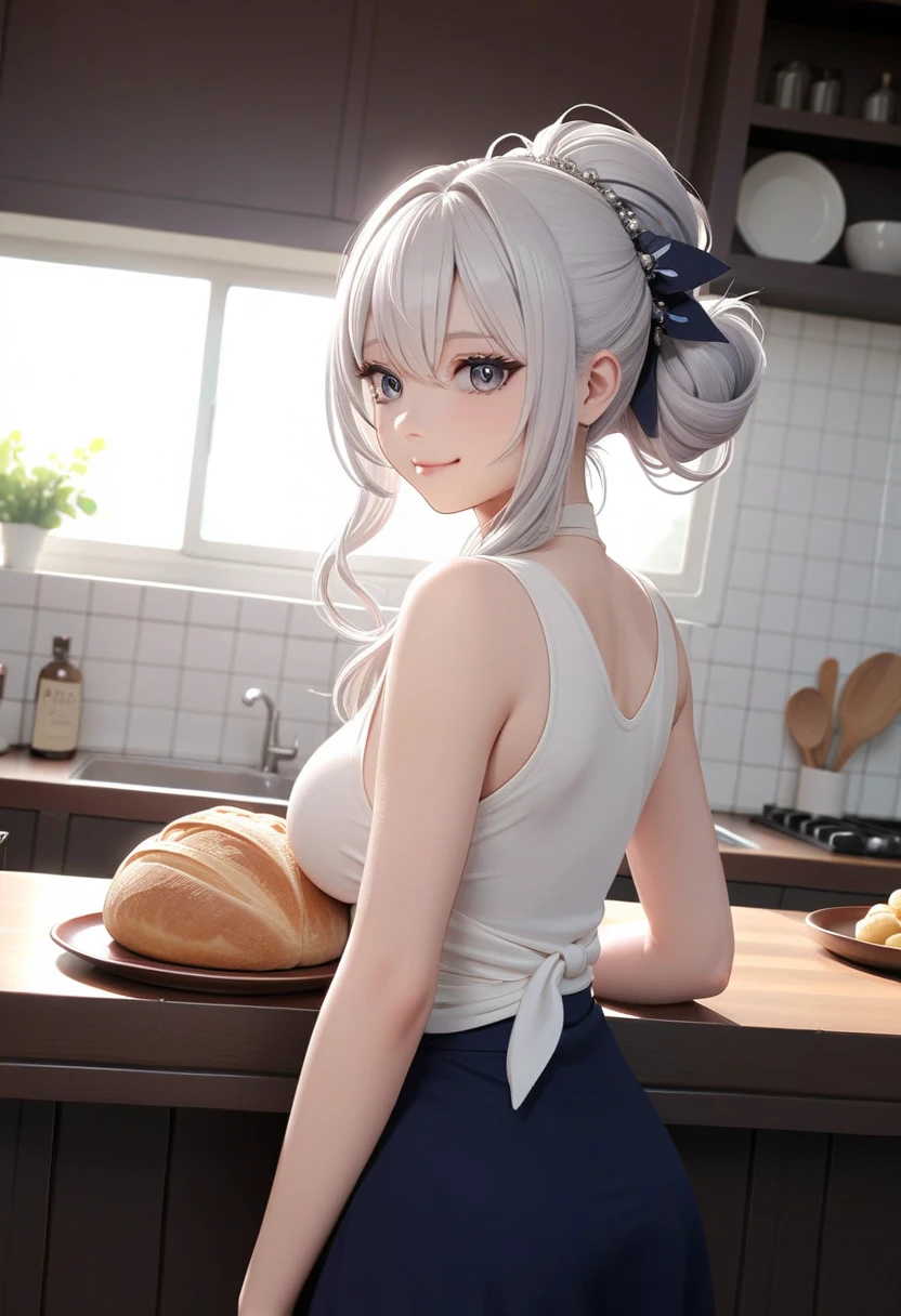 1 Japanese beautiful girl with silvery white hair in an intricate asymmetrical updo. The back of her hair is bunched high and short with the ends fanning out. The left side of her hair frames her face with long, loose strands, while the right side of her hair is loosely swept back over her ears and bunched together with the back hair, creating a slightly unbalanced but elegant look. A high, luxurious hair accessory on top adds a unique and fashionable touch to the hairstyle. Her hair catches the light and gives off a shiny, metallic shine, matte pink lips, 
BREAK (glossy silver eyes:1.5), (beautiful eyes, twinkle eyes, large eyes), (athlete body, large breasts), cute face, beautiful face, pretty face, beautiful, good anatomy, long eyelashes, expressive eyes, Perfect Hands, embarrassed, perfecteyes, 
BREAK 1girl, (wearing botanical pink apron and white T-shirts under the apron and wearing black mini skirt, smile, happy, cheers, standing near the counter, 
BREAK 1girl, morning, daylight, sunshine, kitchen, she is carrying bread au gratin on a wooden plate, scenery, 
BREAK Sketch, UHD, retina, masterpiece, high details, high quality, super detail, best quality, highres, 4K, 8k, cute, beautiful, full body detailed, 32K, high details, perfect lighting, perfect anatomy, sharp outline, high definition, extreme illustration, ambient lights, soft light,