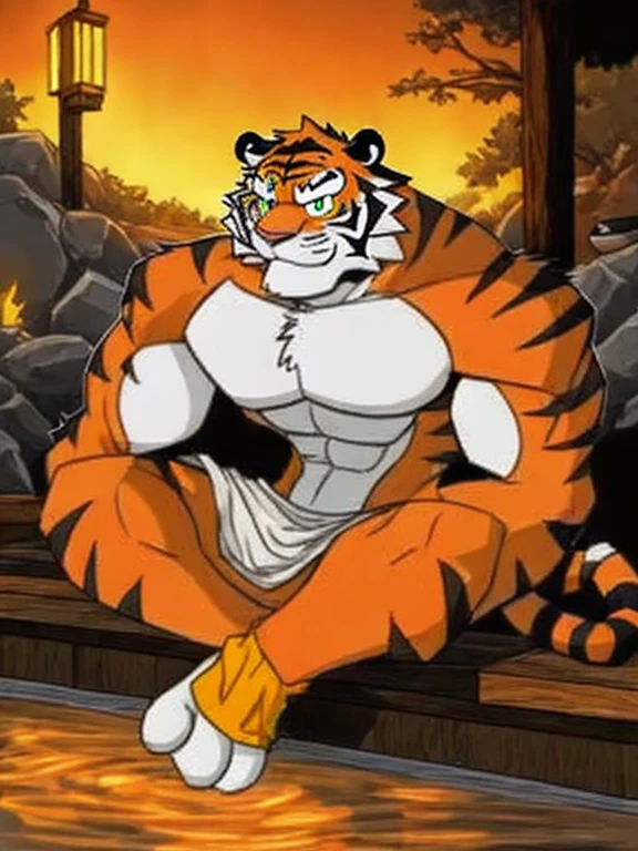 Creates an intricate tattoo design of the muscular Shenlong the tiger from Bloody Roar 2, depicting his fiery red eyes radiating intense anger and fury. The detailed artwork showcases the tiger's impressive musculature and menacing stance, with every line and shade expertly crafted to bring out the tattoo's lifelike quality. The tattoo is rendered in the highest quality, with a trending style reminiscent of traditional Japanese tattoo art, complete with bold lines and vibrant colors. The background features a dramatic backdrop of rust-colored flames, showcasing the tiger's powerful presence and dominance. This masterpiece was hand-drawn by the talented