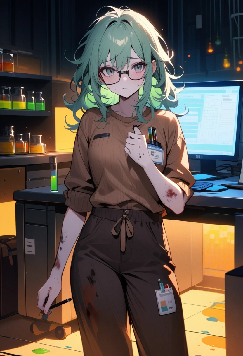 Male PhD、silber hair、Old people、On the desk(Erlenmeyer flask、beakers、centrifuge)、He has a test tube containing a green liquid.、There is green liquid on the black lab coat.、Wearing a gas mask、The room is steampunk