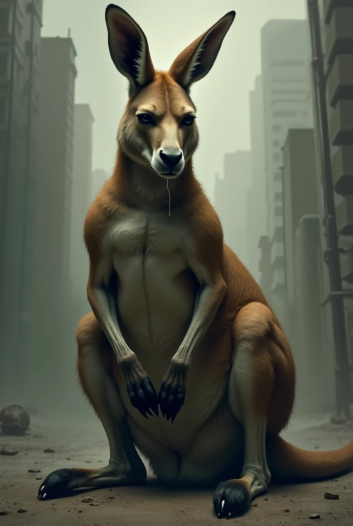  Pitbull female. Ape hybrid. Huge tits. bare feet. Huge feet. tongue out. Grey hairy body. Ruined City. Standing.