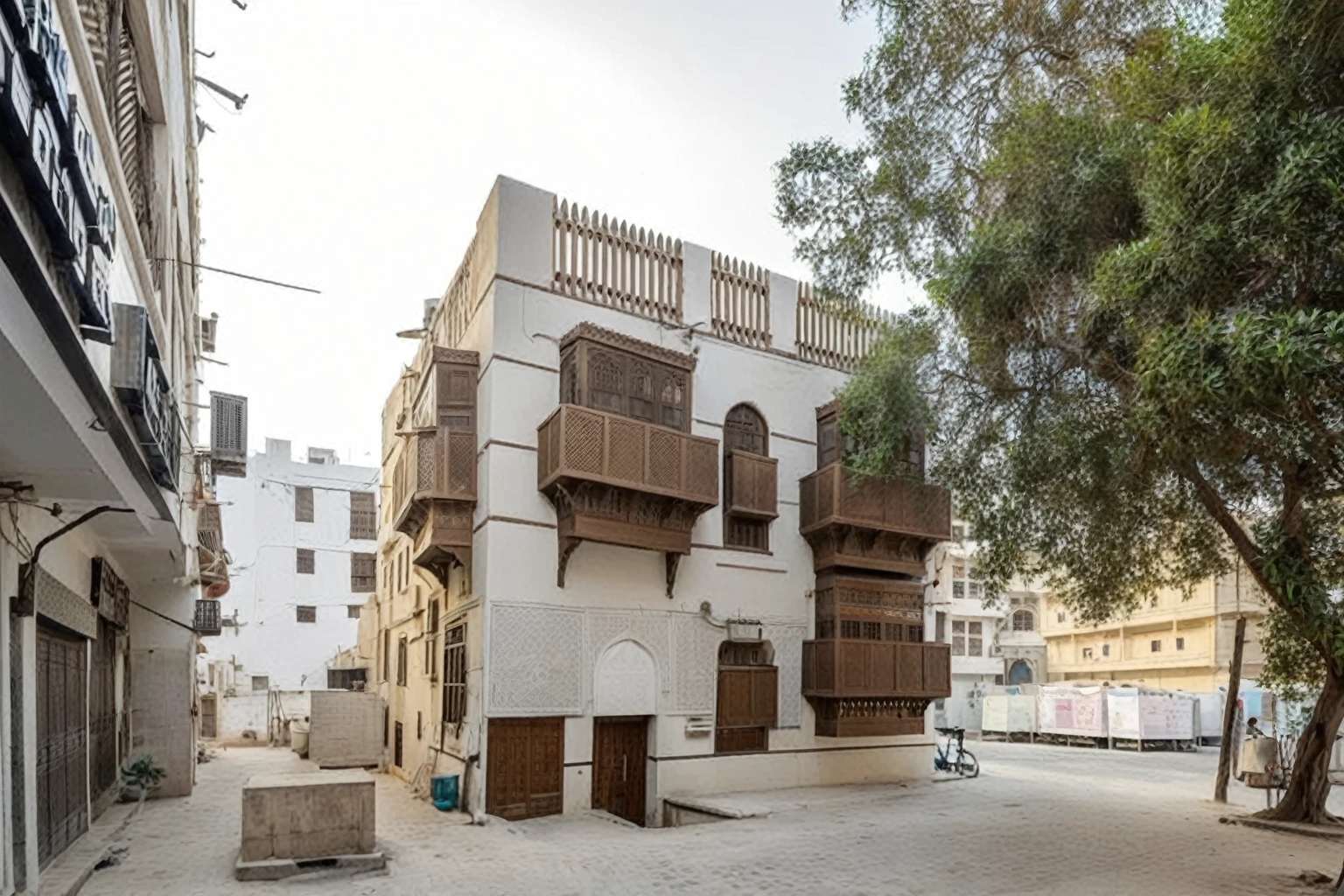  is a view of a building with a lot of windows and a tree,   Old Jeddah Street  ,   Old Jeddah Street  ,  Arabic architecture ,  Preserving historical monuments, Common ，,  wide angle exterior 2022 ,  ,  medium shot from the front ,  Persian architecture in the style , Amira Tawil, The façade of the building, Highly decorative, Full view, As seen from the outside, 