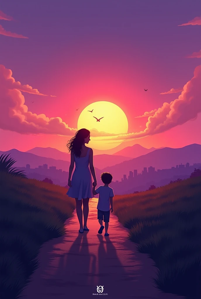 drawing of an elegant model woman in heels, dark-skinned with long, straight black hair, holding the hand of a male child of approximately 9 years old with straight hair, walking towards a beautiful path with a pink background and seeing her back to God