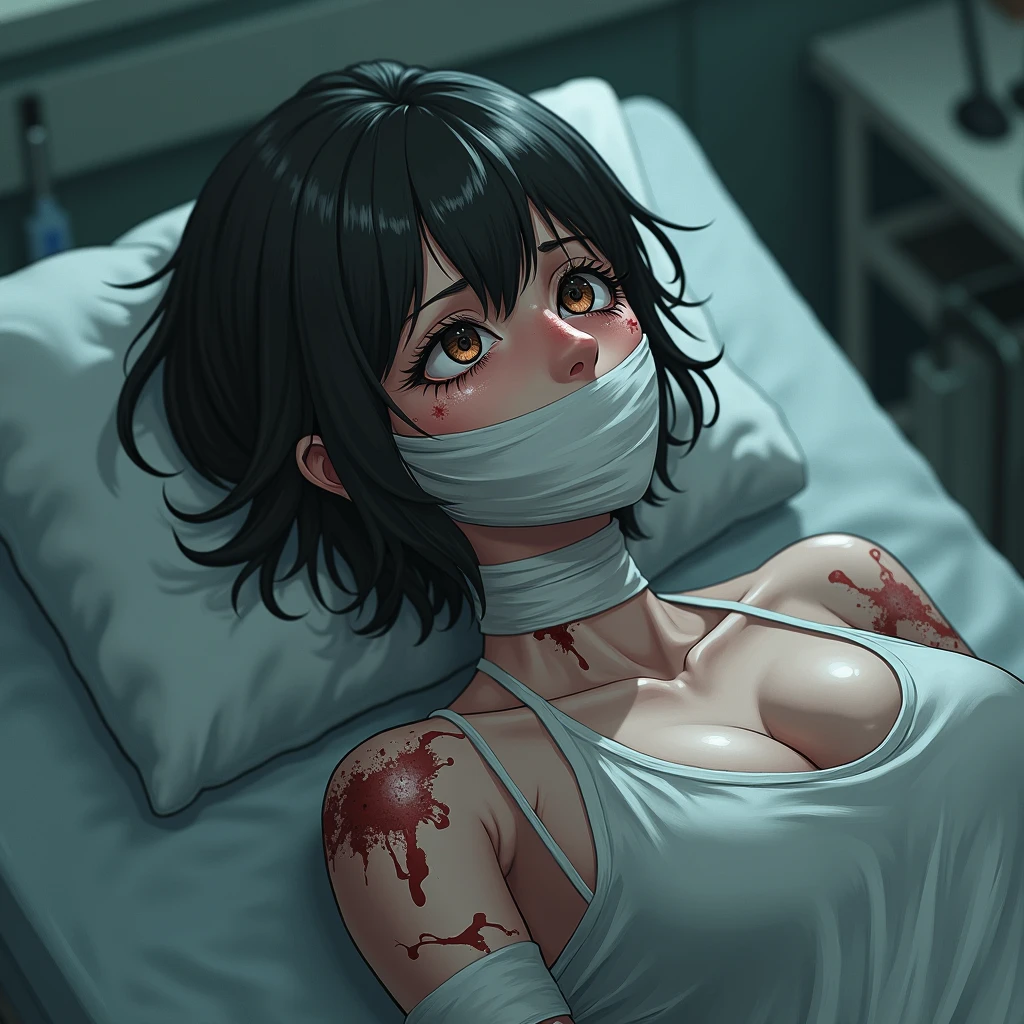 short black hair that hides one eye、One girl、((only white bandages all over her body,,,))、Embarrassed face、Frightened look、look at side、Open mouth、small tits、underboob、Sleeping in bed、coating、Unwinding the bandage