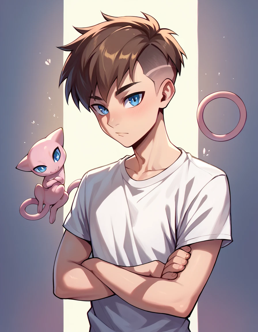 ((1 mew pokemon)) ,(( 1human male)),Human Male Adult , Brown pixie cut Side Hair Style  , blue pupils , white t-shirt , pose ,mew 